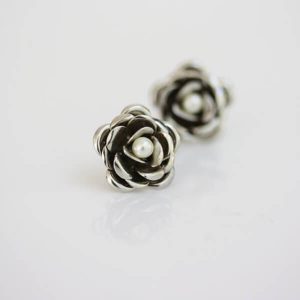 Silver vintage rose pearl earrings