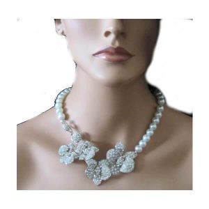 Vintage style pearl crystal orchid flower wedding bridal necklace